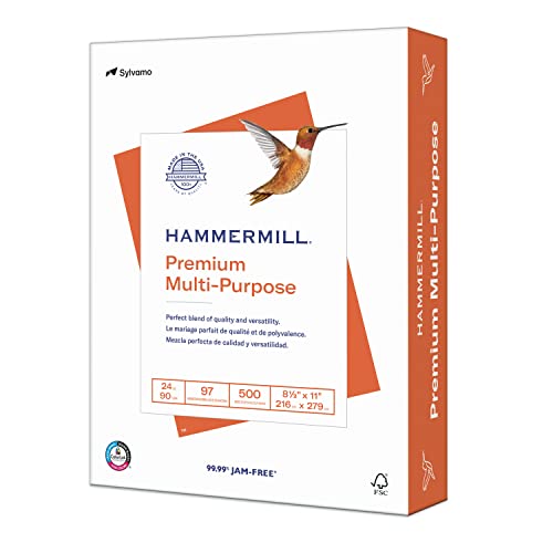 Hammermill Paper, Premium Multi-Purpose Paper Poly Wrap, 24lb, 8.5 x 11, Letter, 97 Bright, 500 Sheets / 1 Ream (105810) Made in The USA
