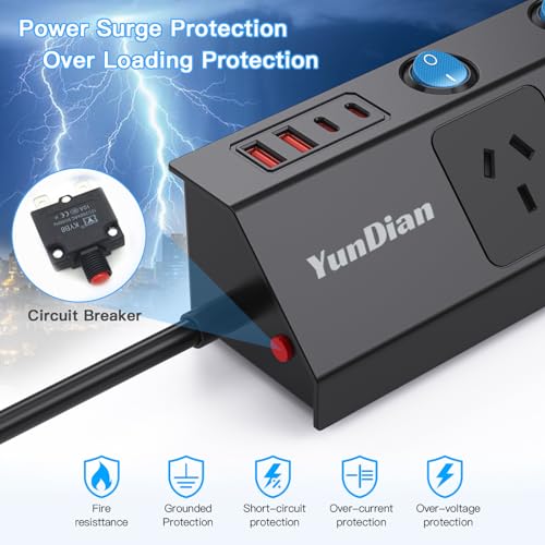 Yundian Power Strip with Individual Switches, 5 AC Outlets, 2 USB A and 2 USB C Surge Protector 2m Extension Cord, 2400W/10A, 170 Joules, USB Power Board Switch for Home and Office Use (Black)