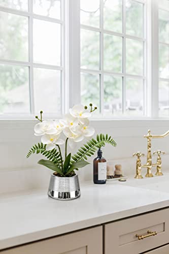 White Orchids Artificial Flowers in Silver Pot Faux Phaleanopsis Orchid Bonsia Fake Orchid Centerpiece for Dining Room Table