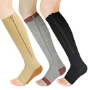 LANBAOSI 3 Pairs Zipper Compression Socks for Women & Men Open Toe Toeless Compression Socks Knee High Support Stockings