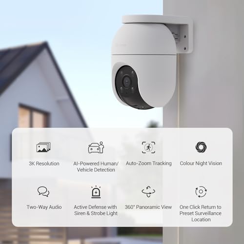 EZVIZ 3K Security Camera, Outdoor PTZ 360° WiFi Camera, Home Surveillance Camera, Auto-zoom Tracking, Human/Vehicle Detection, Color Night Vision, 2-Way Talk, Weatherproof, 512G SD Storage, Alexa, C8c