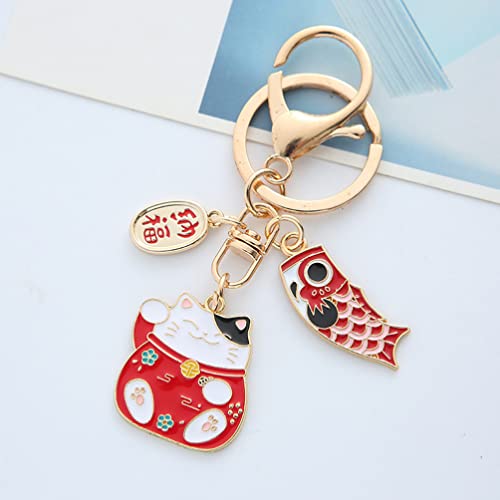 TOYANDONA 2pcs Japanese Lucky Cat Keychain Cute Maneki Neko Key Ring Chinese Fortune Pendants Keychain Bag Purse Charm Ornament for Wealth Gifts Blue Red