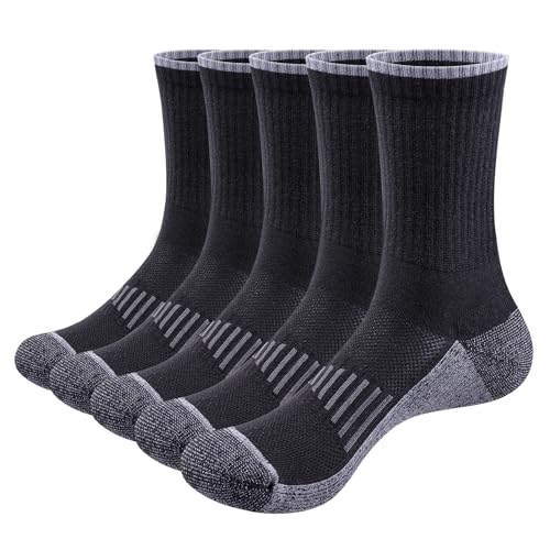 YUEDGE Men's Socks Moisture Wicking Cotton Cushioned Crew Socks Gym Golf Training Black Athletic Socks Comfort Work Socks For Men Size 9-11, 5 Pairs/Pack