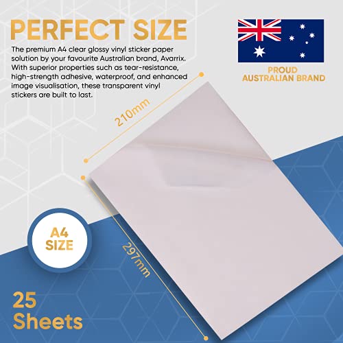 Avarrix Australia Printable Vinyl Sticker Paper for Inkjet & Laser Printer, Frosted Clear Glossy, 25 Sheets, A4 Size, Glossy Transparent Self Adhesive Sheets, Waterproof A4 Sticker Paper for Printer