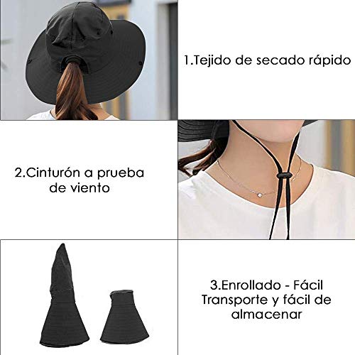 AutoWT Sun Hat for Women, UPF 50 + UV Protection Wide Brim Bucket Hat Adjustable Cap for Summer Fishing, Hiking, Camping, Garden, Farming, Outdoor Exercise (Black)