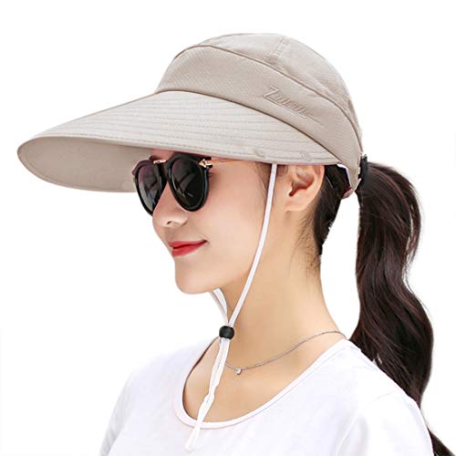 HICOSKY Women Summer Sun Protection Hat Wide Brim UV Hats Removable Neck Face Flap Cap with Ponytail Hole for Fishing Climbing Gardening Beige