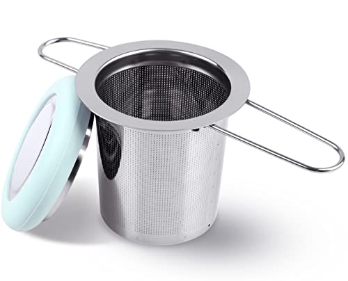 Fenshine Tea Infuser Stainless Steel Tea Strainer Folding Handle Tea Filter Extra Fine Mesh Strainer Brewing Basket with Lid for Loose Leaf Tea (Light Blue) …