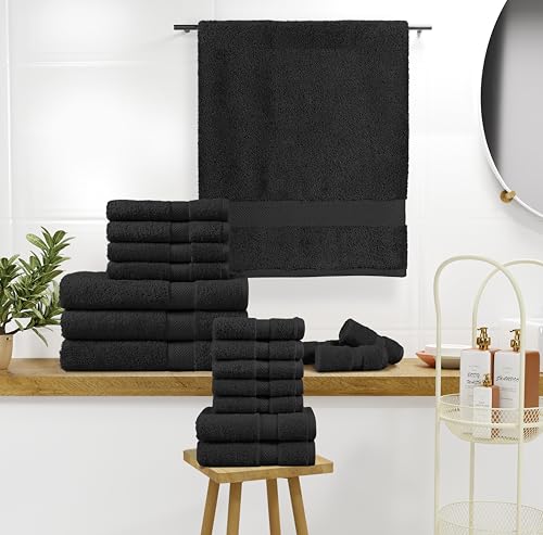 100% Combed Cotton 18-Piece Bath Towels Sets 600 Gsm, Premium Quality Towel For Bathroom, Absorbent, Hotel Towel For Daily Use, Shower Towels (4 Bath Towels, 6 Hand Towels & 8 Wash Cloths)-Black