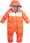 DKNY Baby Boys’ Snowsuit – Hooded Fleece Lined Warm Winter Jumpsuit – Zip Snow Pram for Newborns and Infants (0-24M), Size 24M, Orange