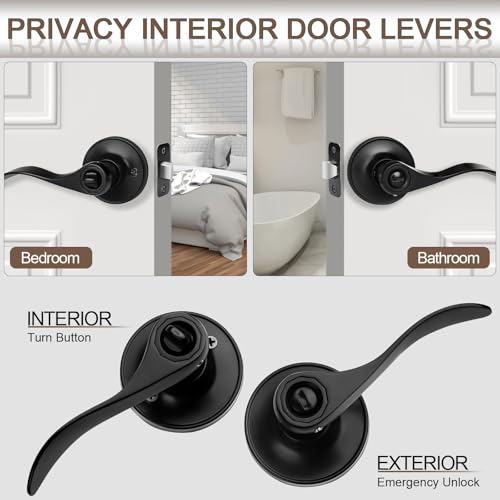 Sopoby 6 Pack Matte Black Door Handles Privacy Door Levers, Heavy Duty Wave Style Bed/Bath Door Locks Interior Door Knobs, Reversible Levers for Right/Left Handed Doors