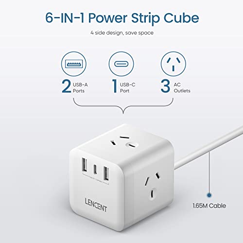 LENCENT Power Strip with USB, Cube Charging Station, Power Outlet Extender with 3 AC Outlets, 2 USB A and 1 Type-C Ports, 1.65M Extension Cord, Multiple Protection for Household Appliance