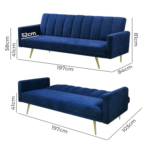 LEVEDE 3 Seater Sofa Bed Convertible, Velvet Loveseat Sofa Couch, Recliner Sofa Lounge with 3 Adjustable Backrest Positions, Spare Bed for Guest, Load Up to 220kg (197cm, Blue)