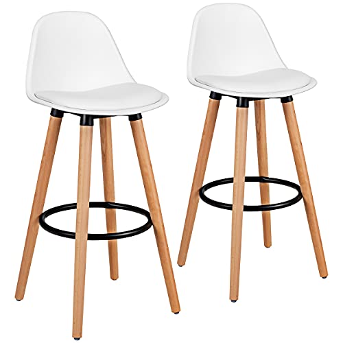 2Pcs Bar Stools, Pub High Barstool Dinning Chair w/ Round Metal Footrest, Beech Wood Legs, Cushioned Seat & Curved Backrest, PU Leather Bar Chair, Counter Height Chair for Home, Bistro, Dining Hall, Kitchen (White)