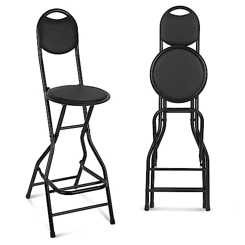 Sintuff 1 Pcs Seat Height 26 Inch Folding Bar Stool with Backrest Leather Padded Folding Stools for Adults Portable Black Bar Height Folding Chairs for Outdoor Indoor Kitchen Shop Cafe