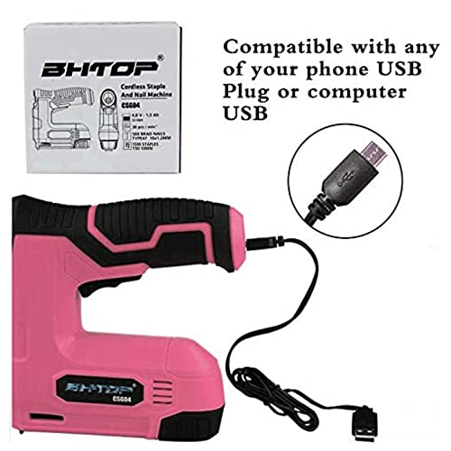 BHTOP Cordless Staple Gun, 4V Power Brad Nailer/Staple Nailer，Electric Staple with Rechargeable USB Charger, Staples and Brad Nails Included in Pink (Include 1500pcs Staples and 1500pcs Nails)