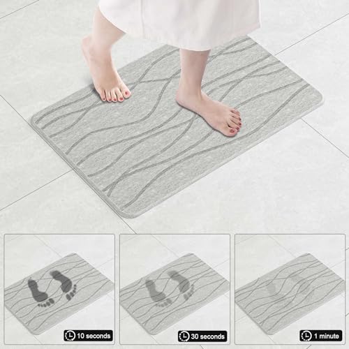 DAWNTREES Stone Bath Mat, Diatomaceous Earth Shower Mat, Non-Slip Super Absorbent Quick Drying Bathroom Floor Mat, Natural, Easy to Clean (Gray Vertical Stripes)