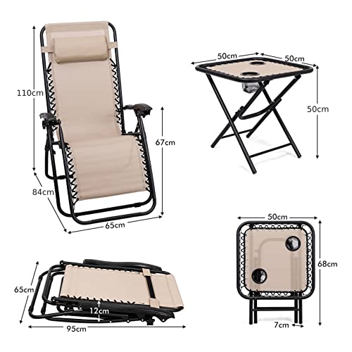 Costway 3 PCS Zero Gravity Lounge Chair Set, Outdoor Lounge Chairs w/Removable Headrest and Table w/ 2 Cup Holders, Set of 3 Adjustable Folding Lounge & Table for Balcony Yard Beach Pool (Beige)