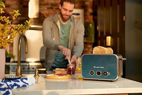 Russell Hobbs Distinctions 2 Slice Toaster, RHT262OCB, Polished Stainless Steel Design, Illuminated Countdown, Variable Browning Control, Longer Slots, Ocean Blue,Silver
