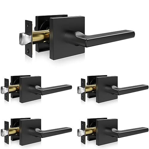 VEVOR Passage Door Handle, 5 Pack Matte Black Door Lever, Left or Right Handing Reversible Lever Non-Locking, 45° Rotation to Open, Square Interior Door Handles for Hallways, Closets, Meeting Spaces