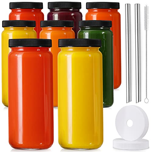 [ 8 Pack ] Glass Juicing Bottles with 2 Straws & 2 Lids w Hole- 16 OZ Travel Drinking Jars, Water Cups with Black Airtight Lids, Reusable Tall Mason Jar for Juice, Boba, Smoothie, Tea, Kombucha