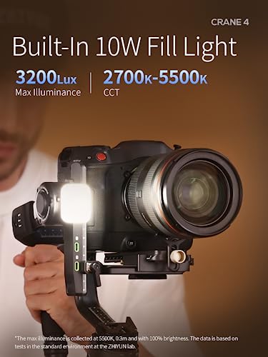 ZHIYUN Crane 4, 3-Axis Gimbal Stabilizer for DSLR and Mirrorless Camera, Nikon Sony Panasonic Canon Fujifilm BMPCC 6K, Fill Light, PD Fast Charge