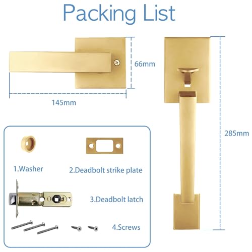 Zciuyo Front Door Handle - Entry Door Lock Handle Set for Left or Right Handed Doors, Reversible Interior Exterior Single Cylinder Lower Half Adjustable Lever Bright Brass Non-Locking Gold