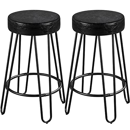 Yaheetech 26.5 inch Round Bar Stools 2pcs Faux Leather Counter/Bar Height Stools with Cushion Backless Leather Seat with Hairpin Legs Barstools for Bar/Dining/Kitchen, Black(1 Package of 2pcs)