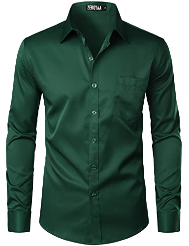 ZEROYAA Men's Urban Stylish Casual Business Slim Fit Long Sleeve Button Up Dress Shirt with Pocket, Dark Green, Small