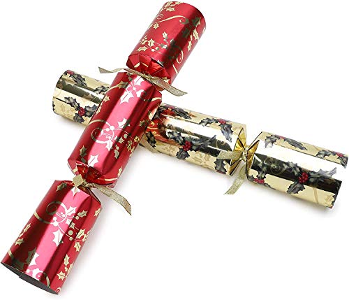 Pack of 10-36cm Luxury Red, Gold & Green Foil Christmas Crackers with Holly Design