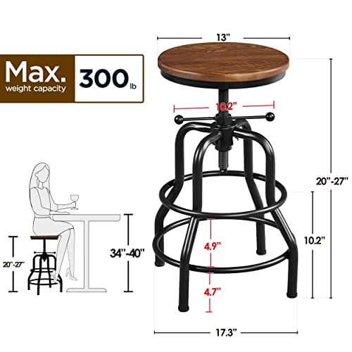 Yaheetech Industrial Bar Stool Vintage Counter Stool Rustic Counter Height Bar Stool Adjustable Metal Stool with Round Wood Seat Kitchen/Dining/Cafe Chair 20-27 Inch Tall, Brown, 1PCS