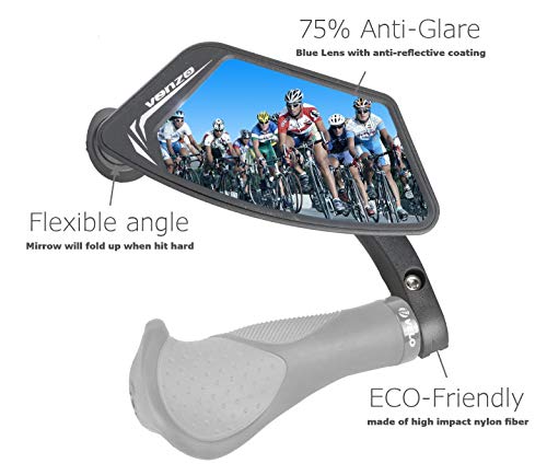 Venzo Bicycle Bike Handlebar Mount Mirror Blue Lens 75% Anti-glare Glass - Big Rear View Crystal Clear - Cycling Mountain or Road Bike Left