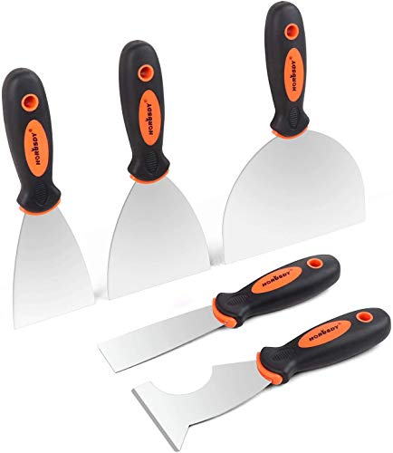 HORUSDY 5-Piece Putty Knife Set, Stainless Steel Scrapers, Heavy Duty Non-Slip Handle 1.5", 3", 4", 6"and 3" 6 in 1 Painters Tool. Perfect for Taping, Scraping Paint, Drywall Spackle