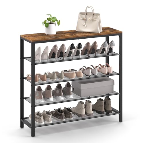 VASAGLE Shoe Rack, 5-Tier Shoe Storage Organizer with 4 Metal Mesh Shelves for 16-20 Pairs and Large Surface for Bags, for Entryway, Hallway, Closet, Industrial, Rustic Brown and Black ULBS15BX