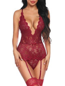 Women's Sexy Lace Lingeries Sets V Neck Adjustable Cross Strap Backless Bodysuit Teddy Babydoll Sleepwear with G-String Stockings