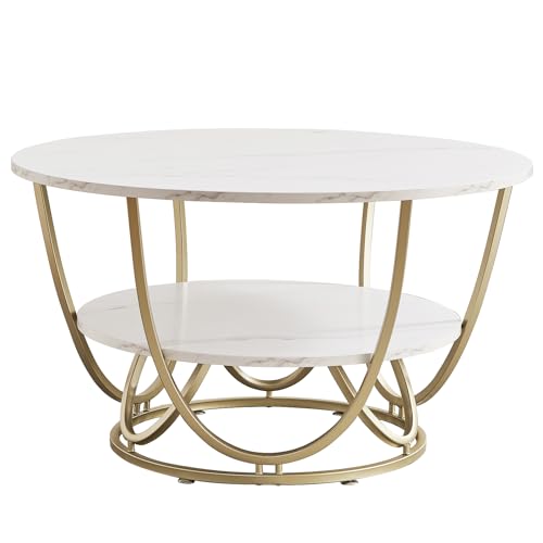 Elephance Round Coffee Table, 31.5 Inch Modern Coffee Table for Living Room, White and Gold Coffee Table with Storage, Wooden Tabletop-Marble White Print with Gold Frame