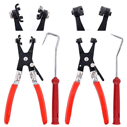 Swpeet 4Pcs Hose Clamp Plier Set, Including 2Pcs Cross Slotted and Flat Band Hose Hose Clamp Plier with 2Pcs Hose Removal Hook Set Perfect for Hose Installations of Low Radiators