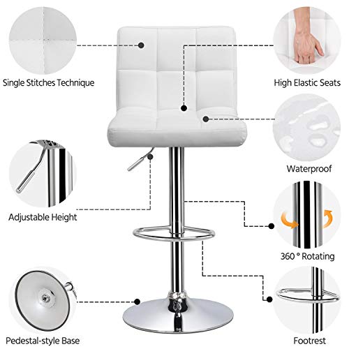 Yaheetech Bar Stools Set of 2, PU Leather Adjustable Swivel Barstools, Armless Hydraulic Kitchen Counter Bar Stool, Kitchen Island Chairs Set of 2, White