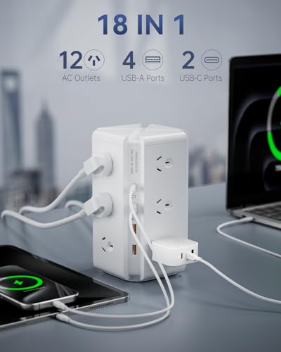 HEYMIX Tower Power Strip USB, USB C Powerboard Surge Protector 12-Outlet, 24W(Max) Power Board with 4-USB & 2 USB-C & 1.8M Extention Cord and Switch, 710J 2400W