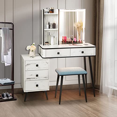 Giantex Vanity Set with Lighted Mirror, Makeup Table with 3-Color Dimmable LED Lights, 5 Drawers, Storage Shelves, Cushioned Stool and Charging Station, Dressing Desk Set for Bedroom