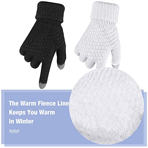 2 Pairs Women's Winter Touchscreen Gloves Warm Fleece Lined Knit Gloves Elastic Cuff Winter Texting Gloves, Black, White, One size