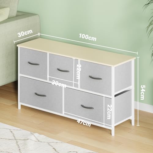 Ufurniture Chest of 5 Drawers Lowboy Clothes Storage Cabinet Organizer Fabric Tower Dresser Clothes Toys Storage Unit for Bedroom,Living Room,Office,Hallway,Entryway Beige