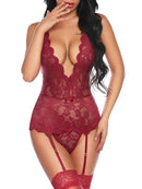 Women's Sexy Lace Lingeries Sets V Neck Adjustable Cross Strap Backless Bodysuit Teddy Babydoll Sleepwear with G-String Stockings