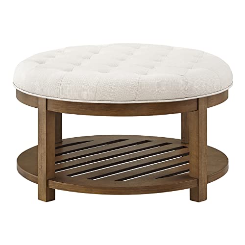 24KF Large Round Upholstered Tufted Linen Ottoman Coffee Table, Large Footrest Ottoman with Wood Shelf Storage-Ivory