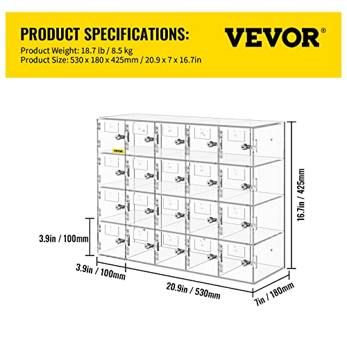 VEVOR, 20 Slots Acrylic Cell Phone Door Locks and Keys, Wall-Mounted Cabinet Pocket Box for Office Classroom Gym Storage Locker, Clear