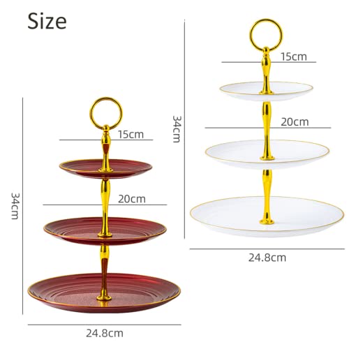 2 Pack 3 Tier Cupcake Stand, Exquisite Embossed Dessert Cake Stand with Gold Rim, Decorative Tea Party Serving Platter for Tea Party, Wedding and Birthday（White & Wine Red）