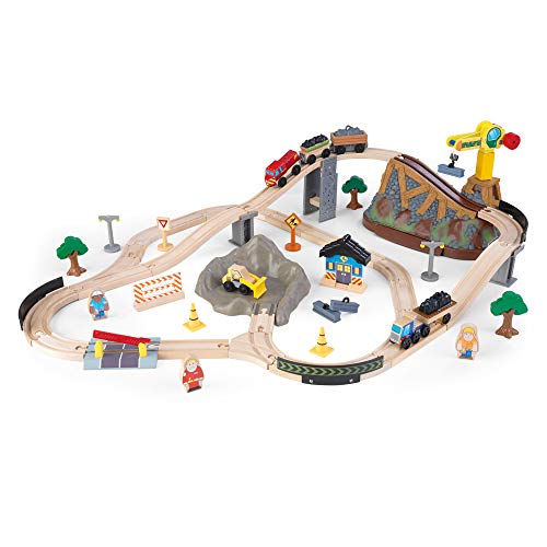 KidKraft Bucket Top Construction Wooden Train Set with Storage Box for Kids, Train Track Set with Wooden Toy Cars with Crane and Accessories Included, Construction Toys, 17805