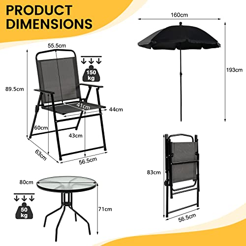 Costway 6 PCS Patio Dining Set Folding Chairs Glass Table Tilt Umbrella Garden (Grey)