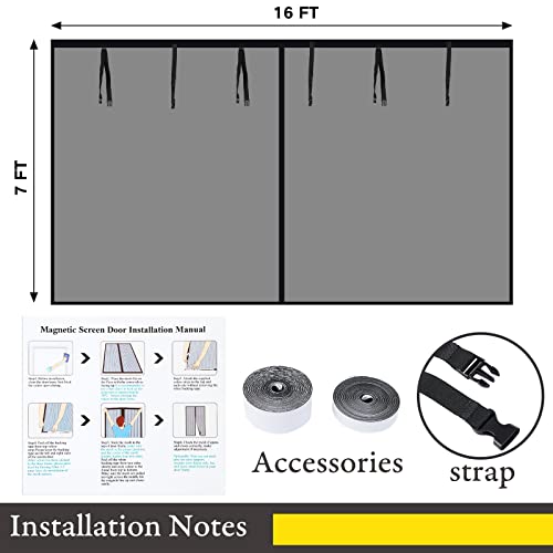 Garage Screen Doors for Garage Magnetic Fiberglass Mesh Screen Door Self Sealing Retractable Garage Net Screen with 6 Roll up Straps, Easy to Install and Pass Through (16 x 7 Ft, 2 Car)