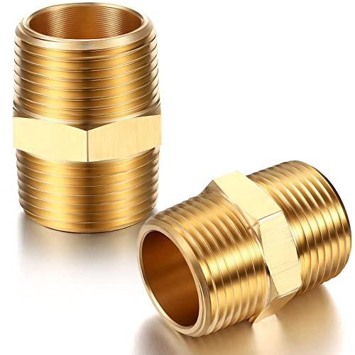 2 Pieces Brass Pipe Fitting Brass Hex Nipple Male Pipe Adapter, Straight Connector Pipe Fitting (3/4 x 3/4 Inch NPT)