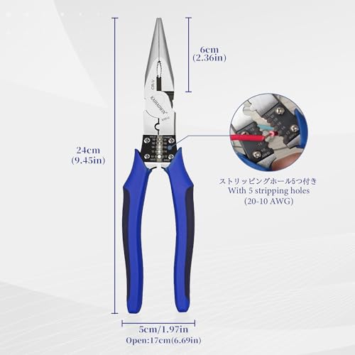 Needle Nose Pliers-KAIHAOWIN 9" Heavy Duty Chrome-Vanadium Steel Long Nose Pliers-Crimper Winding Pinching Function Side Cutters-Multitools Industrial Combination Wire Stripper Cutters for Mechanics